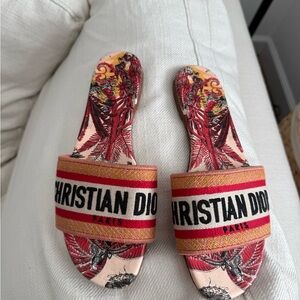 Dior Pink and Red Floral Logo Slide Sandals